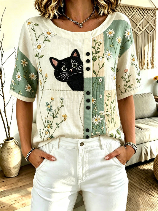 Women's Fun Cat-Print Crew-Neck Top