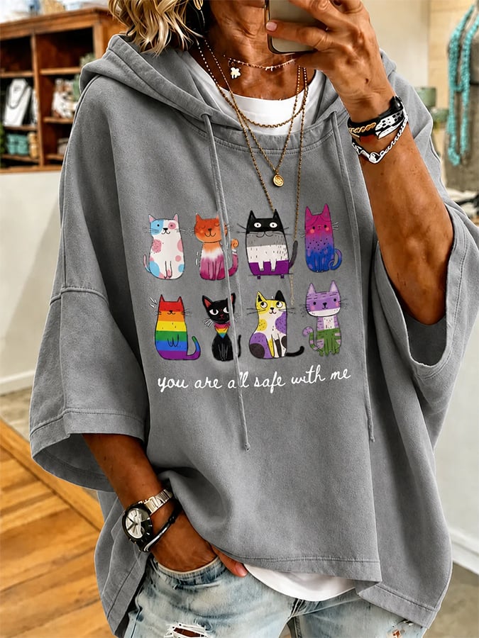 Women's Casual Cat Print Loose Hoodie