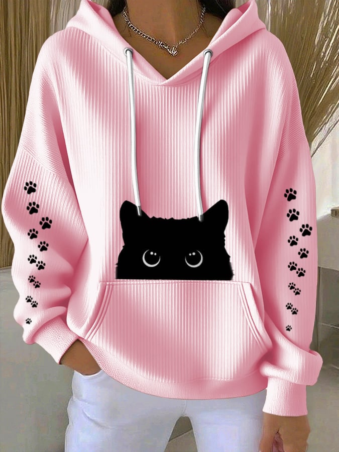 Women's Casual Black Cat Textured Hoodie