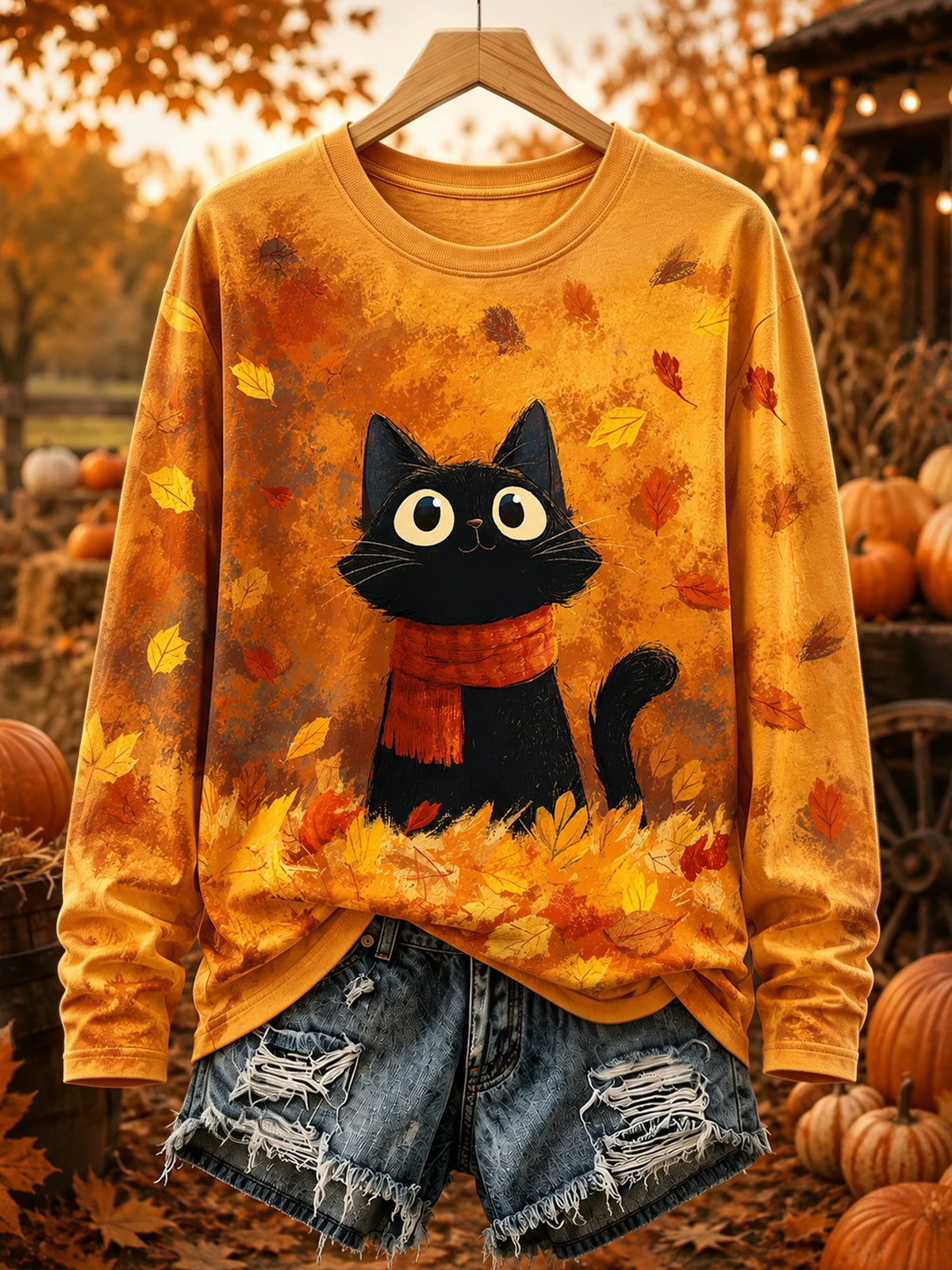 Women's Autumn Scarf with Kitten Print Round Neck Top