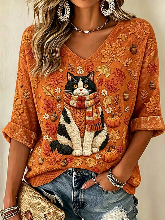 Women's Autumn  Fall Cat Printed Top
