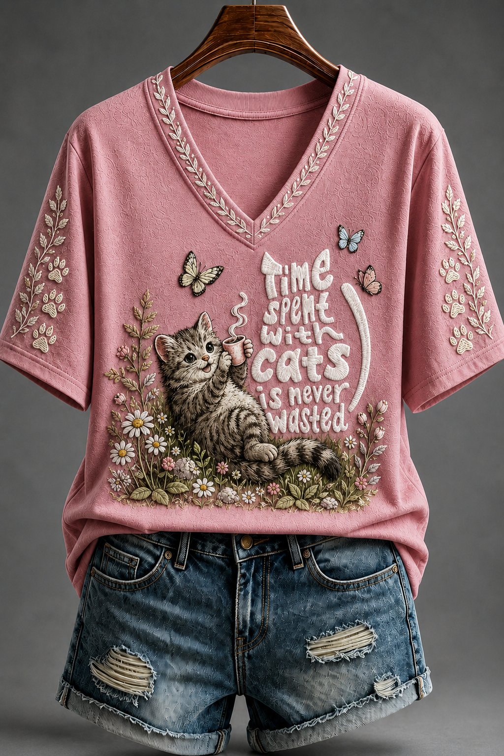Women's Cat Print V-Neck Top