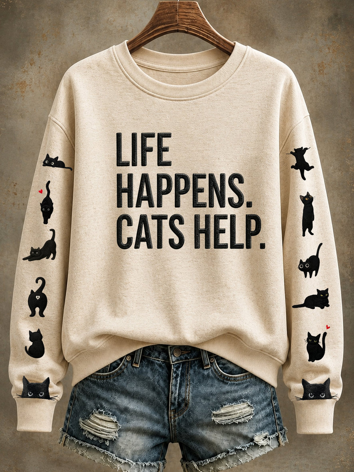 Women's Healing Cat Crew Neck Long Sleeve Sweatshirt