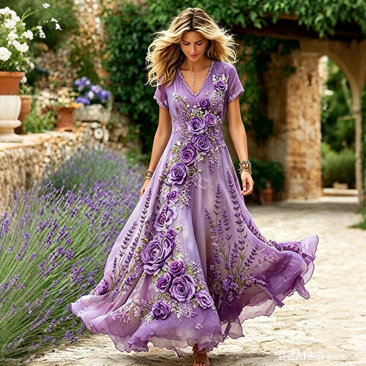 Women's Purple Rose Lavender Print Alzheimer's Awareness V Neck Dress
