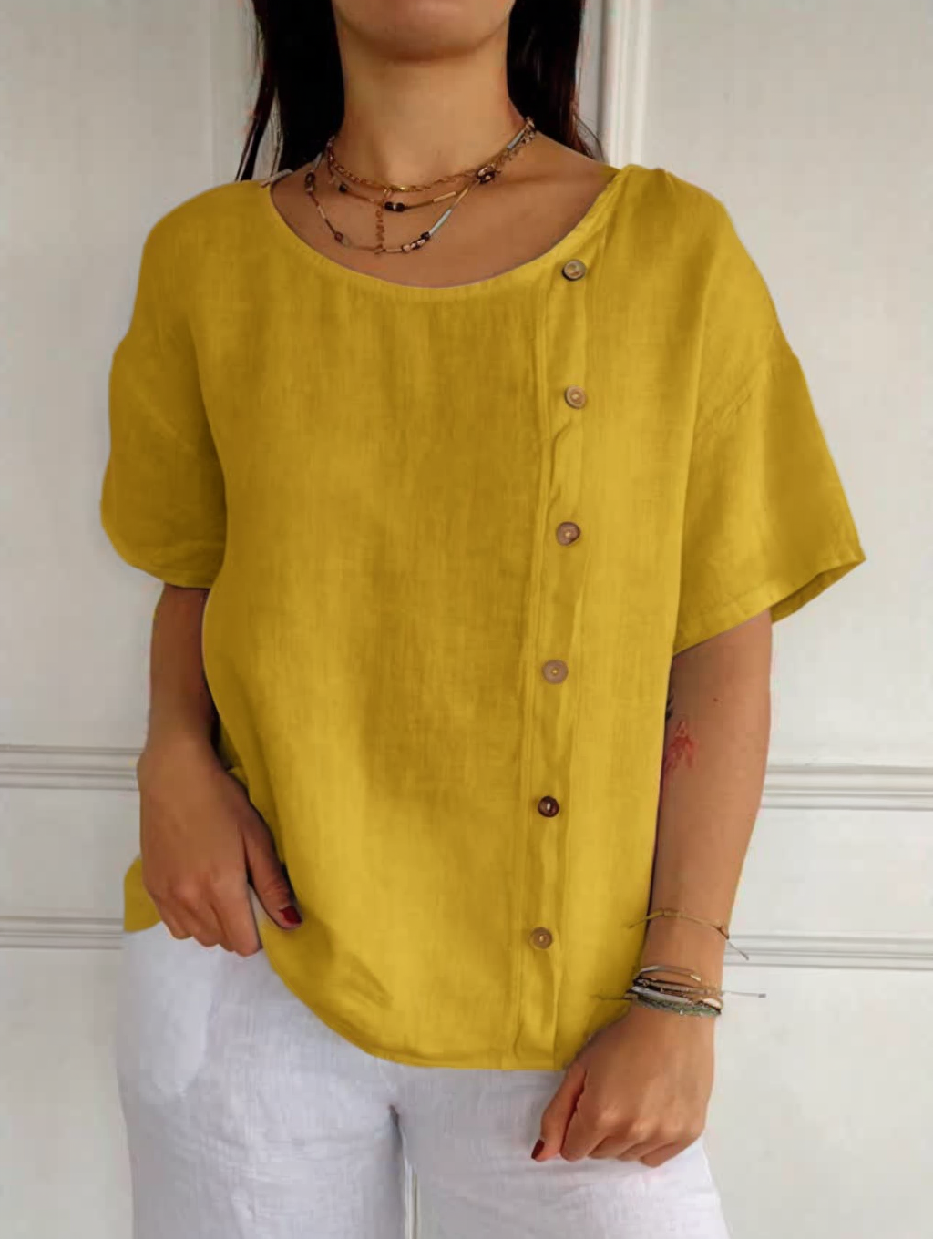 Casual Cotton Linen Side Buttons Tops