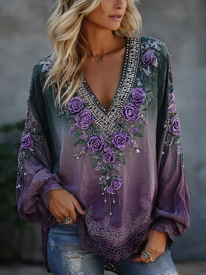 Women's Vintage Floral Art Flowy Cotton Linen V-neck Long-sleeved Top