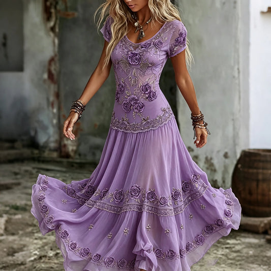 Women's Vintage Purple Rose Embroidered Art Short Sleeve Flowy Maxi Dress