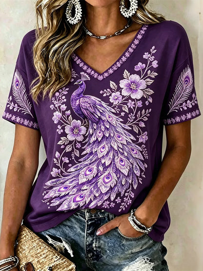 Women's Bohemian Phoenix Floral Vintage Vacation V-neck Cotton Linen T-shirt