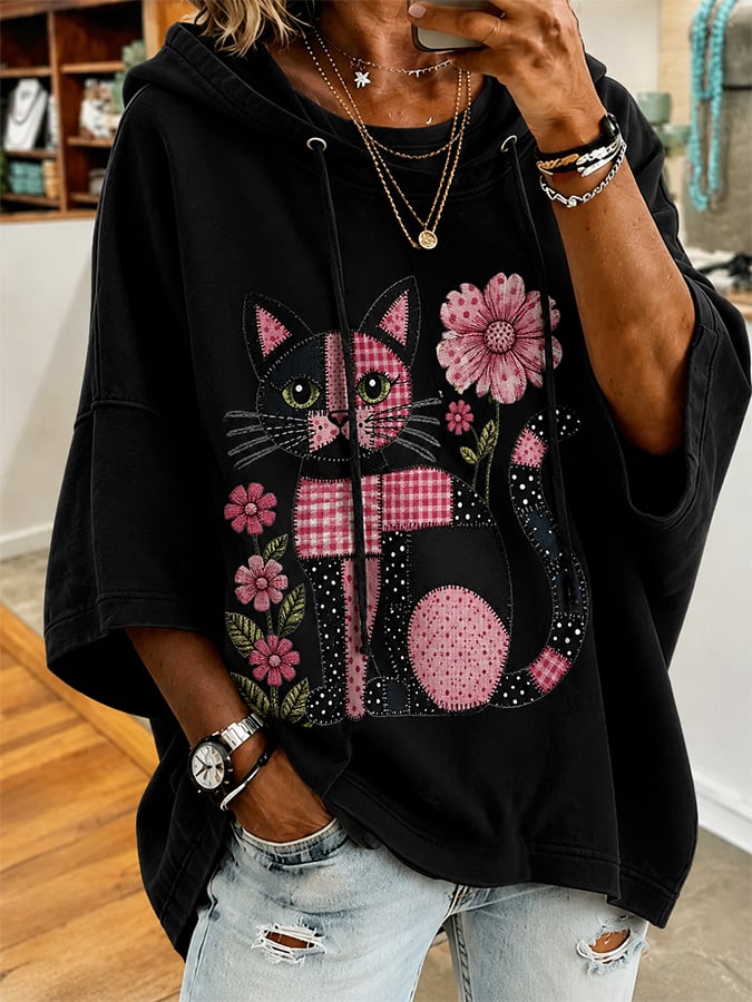 Women's Casual Cat Print Loose Hoodie