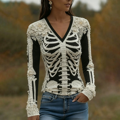 Women's Halloween Skeleton Bones With Roses Art Casual Long Sleeve V Neck T-shirt
