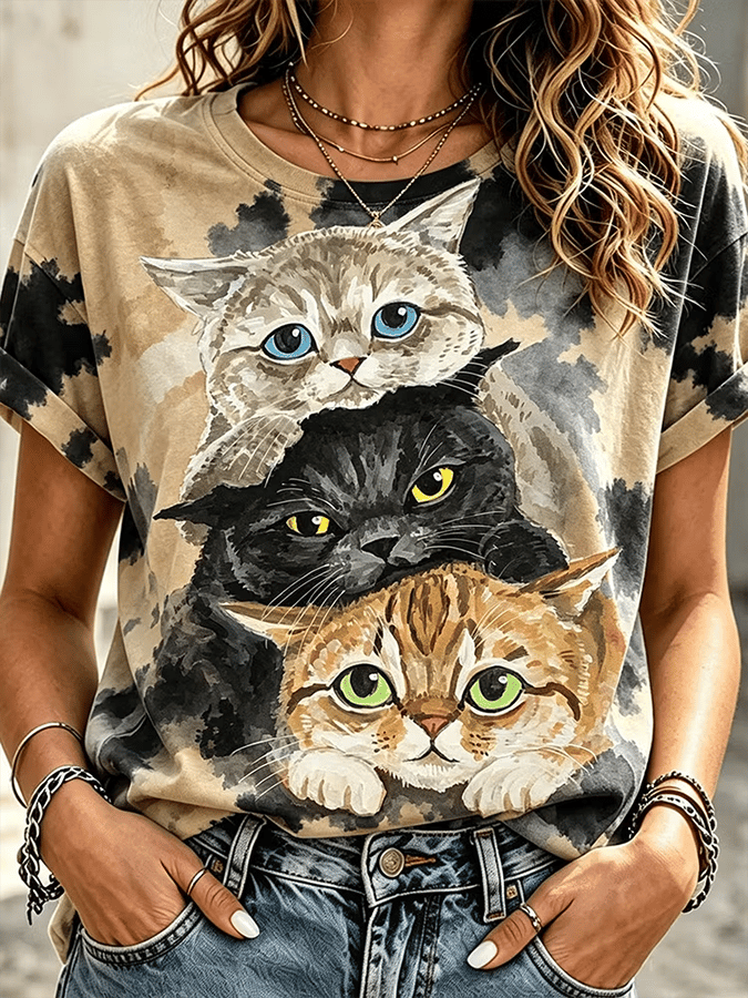 Women'S Casual Cat-Print Top
