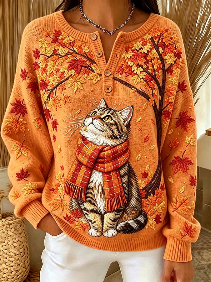 Women's Casual Print Button-Up Collar Knit Top