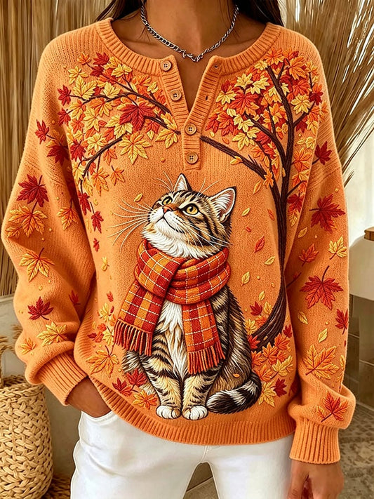 Women's Casual Print Button-Up Collar Knit Top