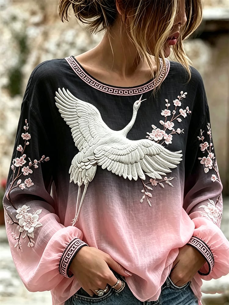 Women's Pink Gradient Print Cotton-Linen Shirt