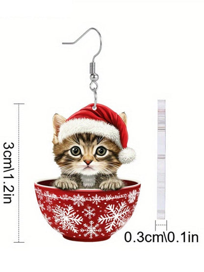Christmas Cat Snowflake Pendant Earrings