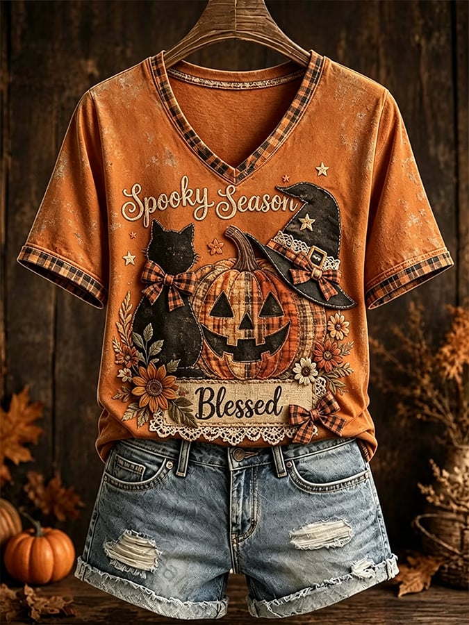 Women's Halloween Scary Pumpkin Face Cat Art Print Top