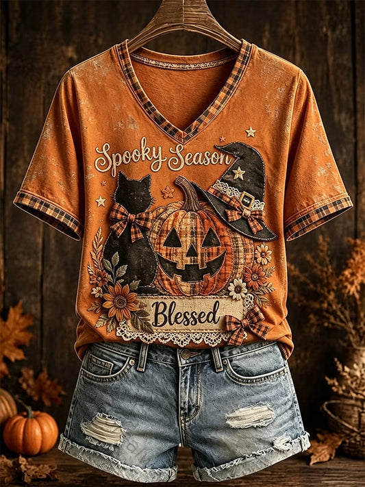 Women's Halloween Scary Pumpkin Face Cat Art Print Top