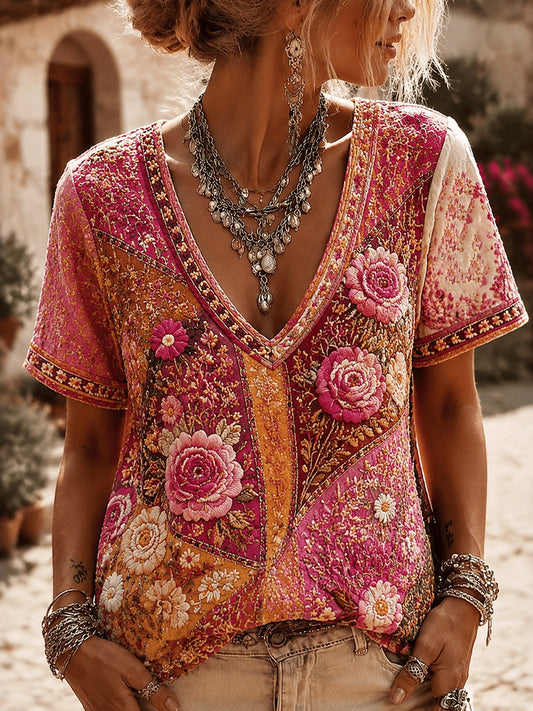 Women's Retro Resort Floral Patchwork Breast Cancer Ribbon V-neck Short Sleeve Cotton Linen T-shirt