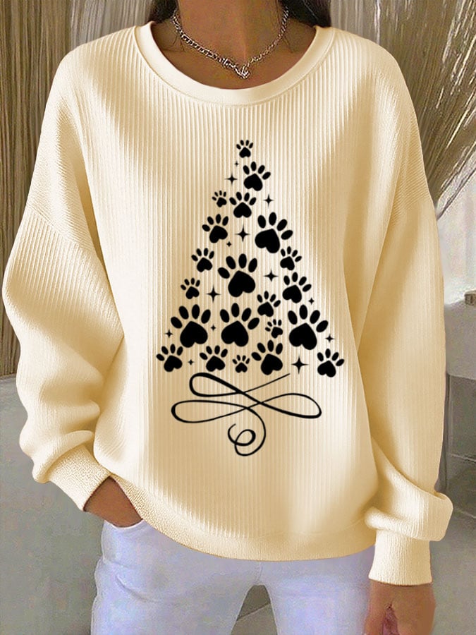 Women's Christmas Cat Print Knit Crew Neck Long Sleeve Top