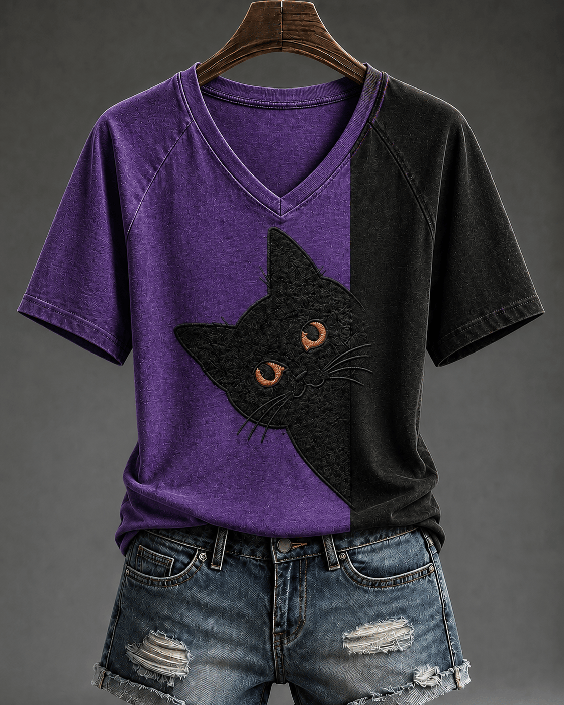 Women's Retro Black Cat Print V-Neck Top