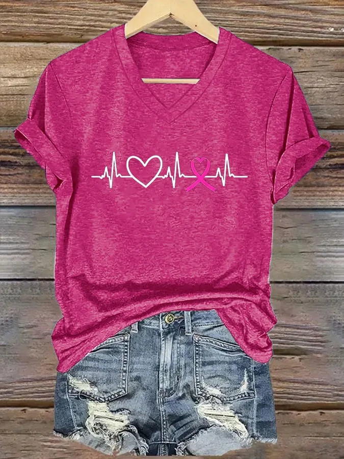 Women's Breast Cancer Heart ECG V-Neck Print T-Shirt Top
