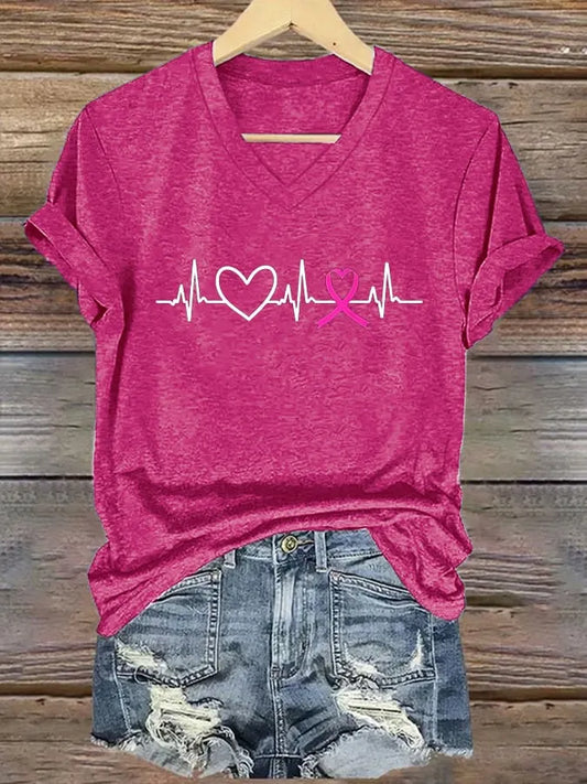 Women's Breast Cancer Heart ECG V-Neck Print T-Shirt Top