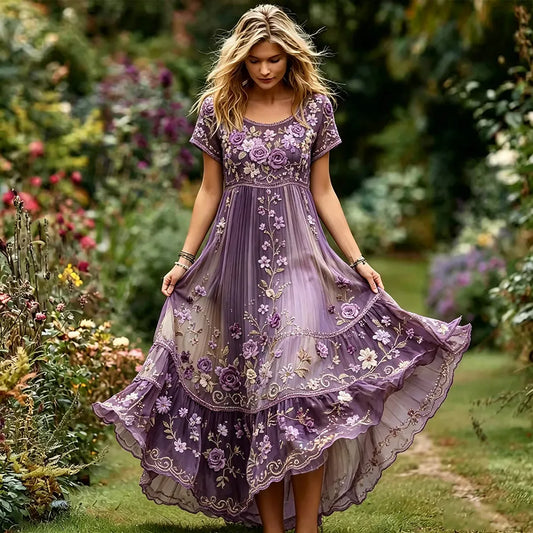 Women's Vintage Purple Floral And Rhinestone Art Round Neck Short Sleeve A-line Dress