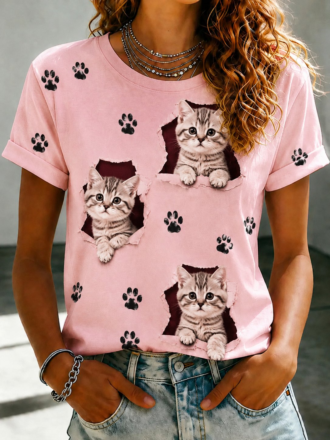 Women's Cat Themed Animal Print T-Shirt