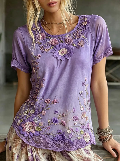 Women's Retro Floral Art Embroidery Cotton Linen Casual Round Neck T-shirt