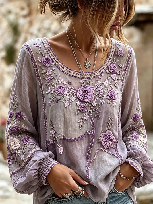 Women's Retro Rose Floral Art Flowy Long Sleeve Linen T-shirt