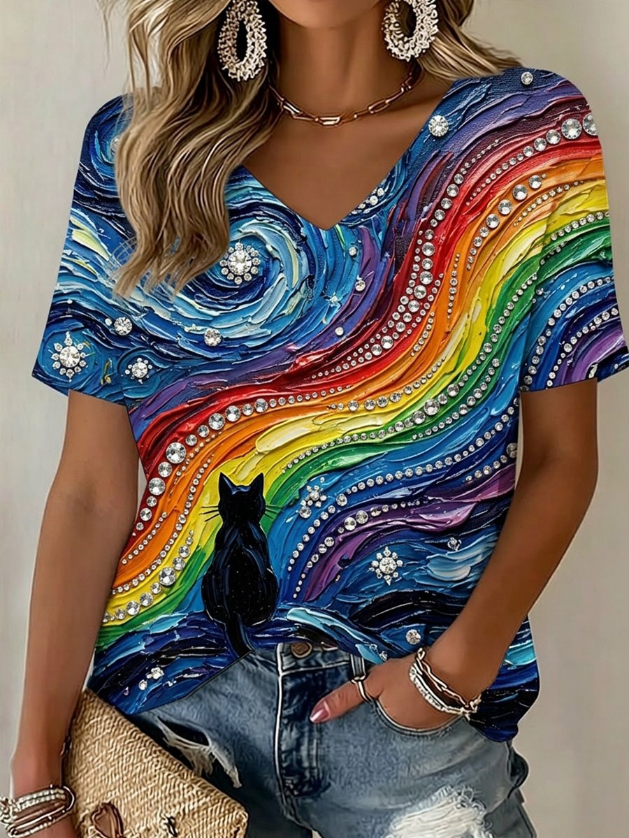 Women's Rainbow Cat Print V-Neck T-shirt