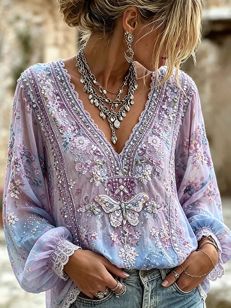 Women's Retro Bohemian Butterfly Rhinestone Lilac Gradient Floral Decoration V-neck Lace Trim Top