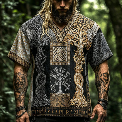 Men's Black White Gold Norse Viking Yggdrasil Tree Of Life 3d Embroidery T-shirt, Celtic Knot Serpent Raven Wing Rune Patchwork Short Sleeve V Neck Top