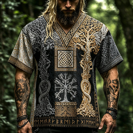 Men's Black White Gold Norse Viking Yggdrasil Tree Of Life 3d Embroidery T-shirt, Celtic Knot Serpent Raven Wing Rune Patchwork Short Sleeve V Neck Top