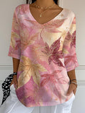 Women's Casual Autumn Pink Maple Leaf Bubble Wrinkled Top