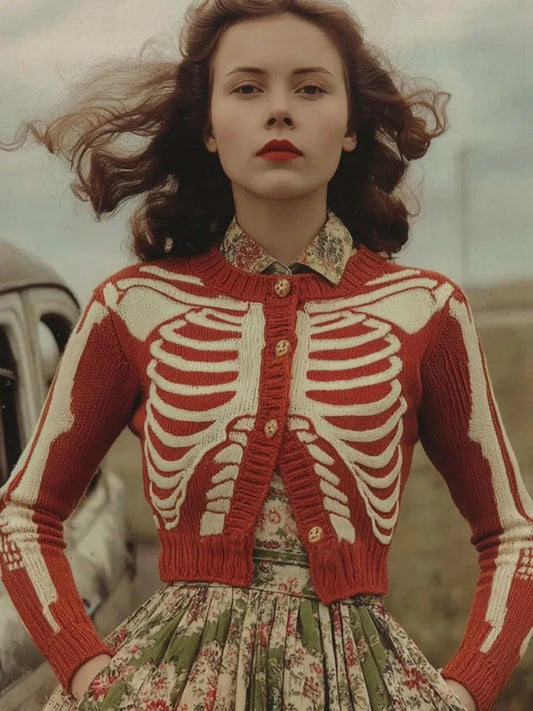 Women's Vintage Skull Ribs Pattern Cozy Knit Sweater Cardigan