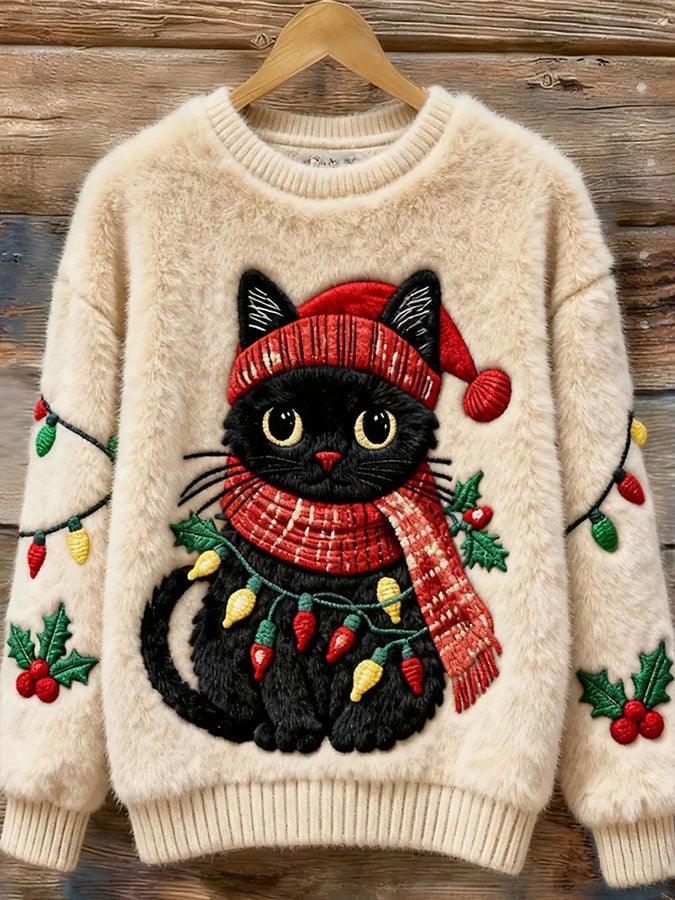 Women's Casual Christmas Cute Cat Print Long Sleeve Flannel Sweatshirt