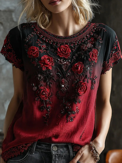 Women's Retro Rose Embroidery Gradient Pattern Casual Halloween T-shirt