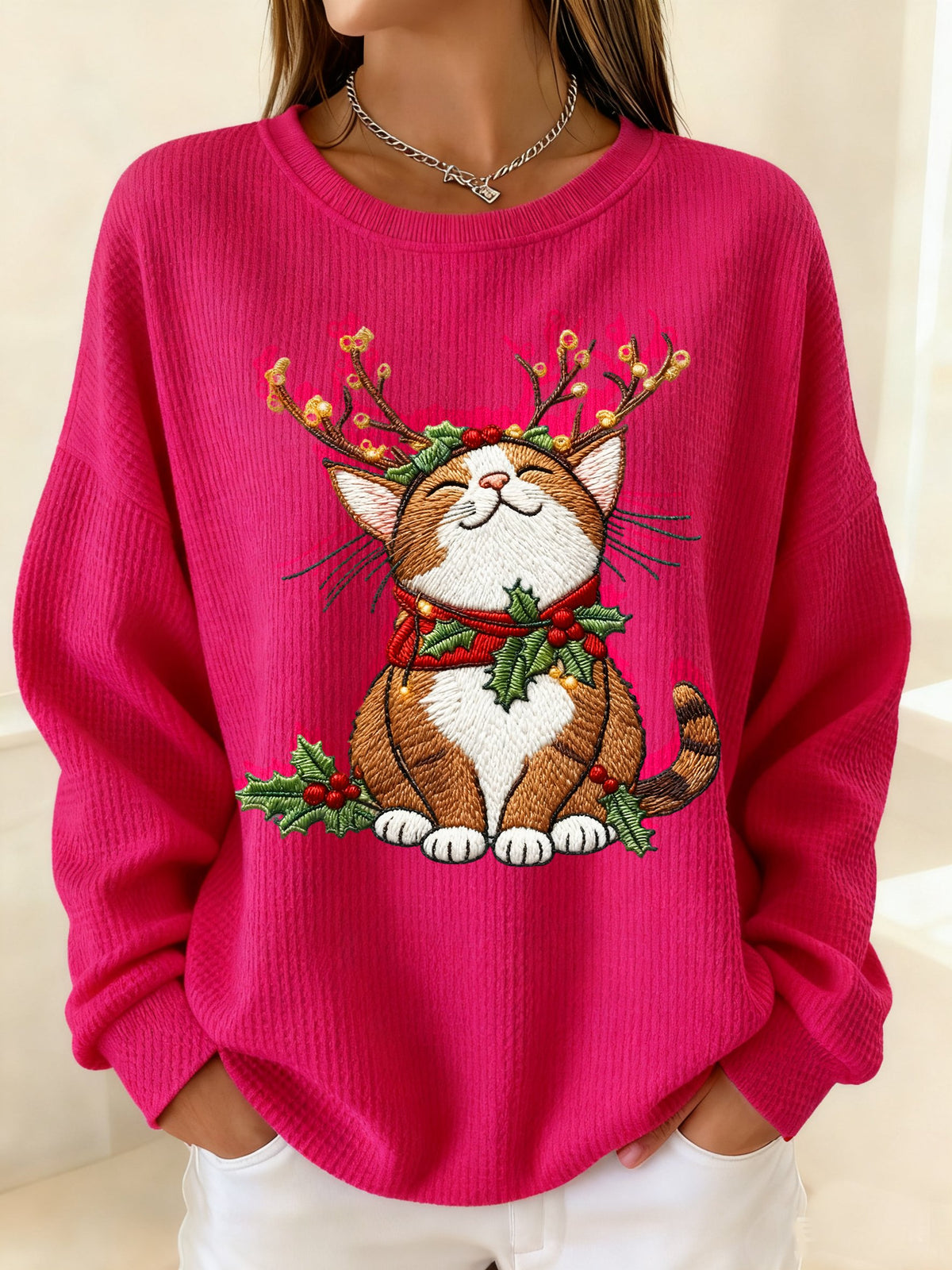 Women's Winter Christmas Cat Print Crew Neck Waffle Top