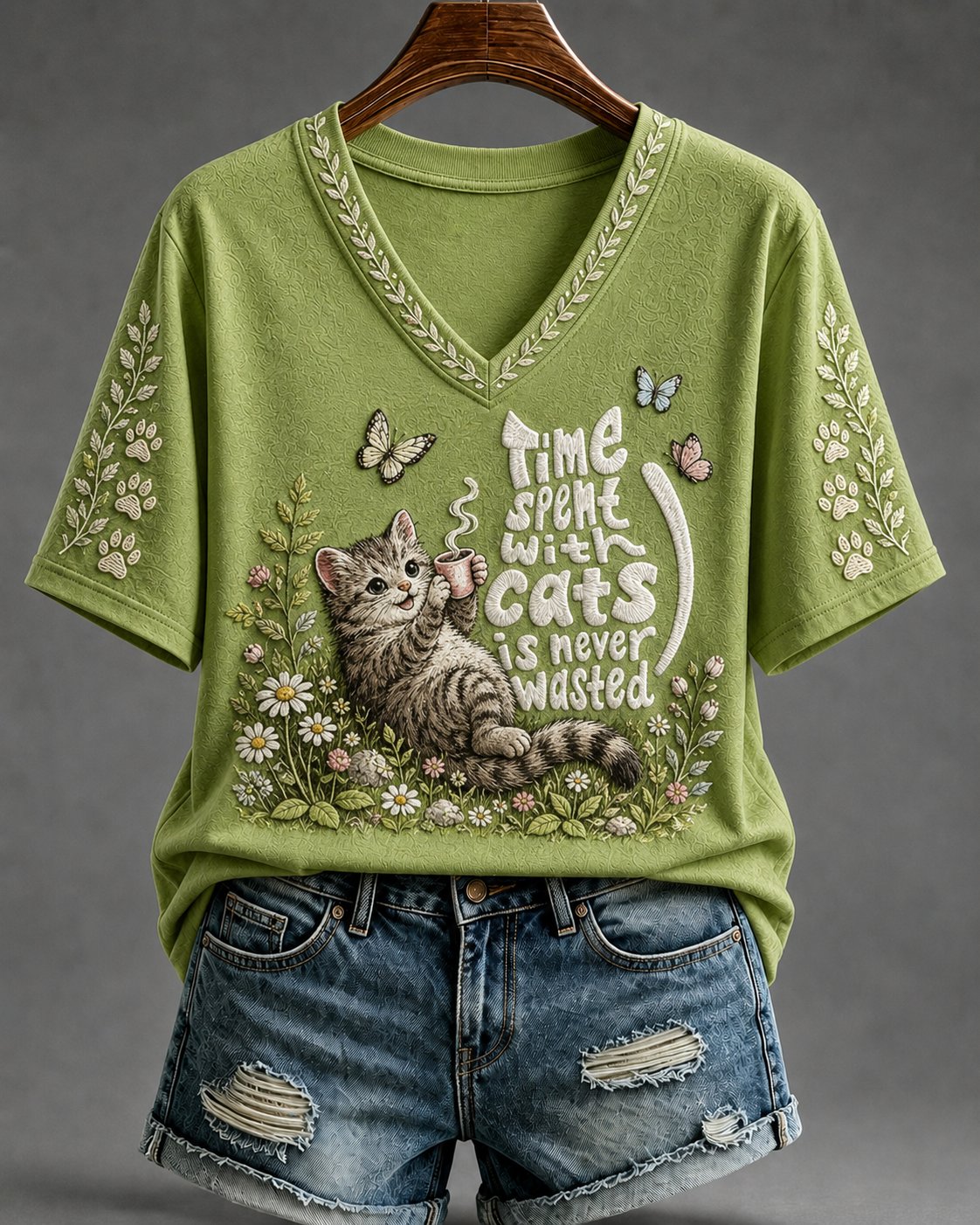 Women's Cat Print V-Neck Top