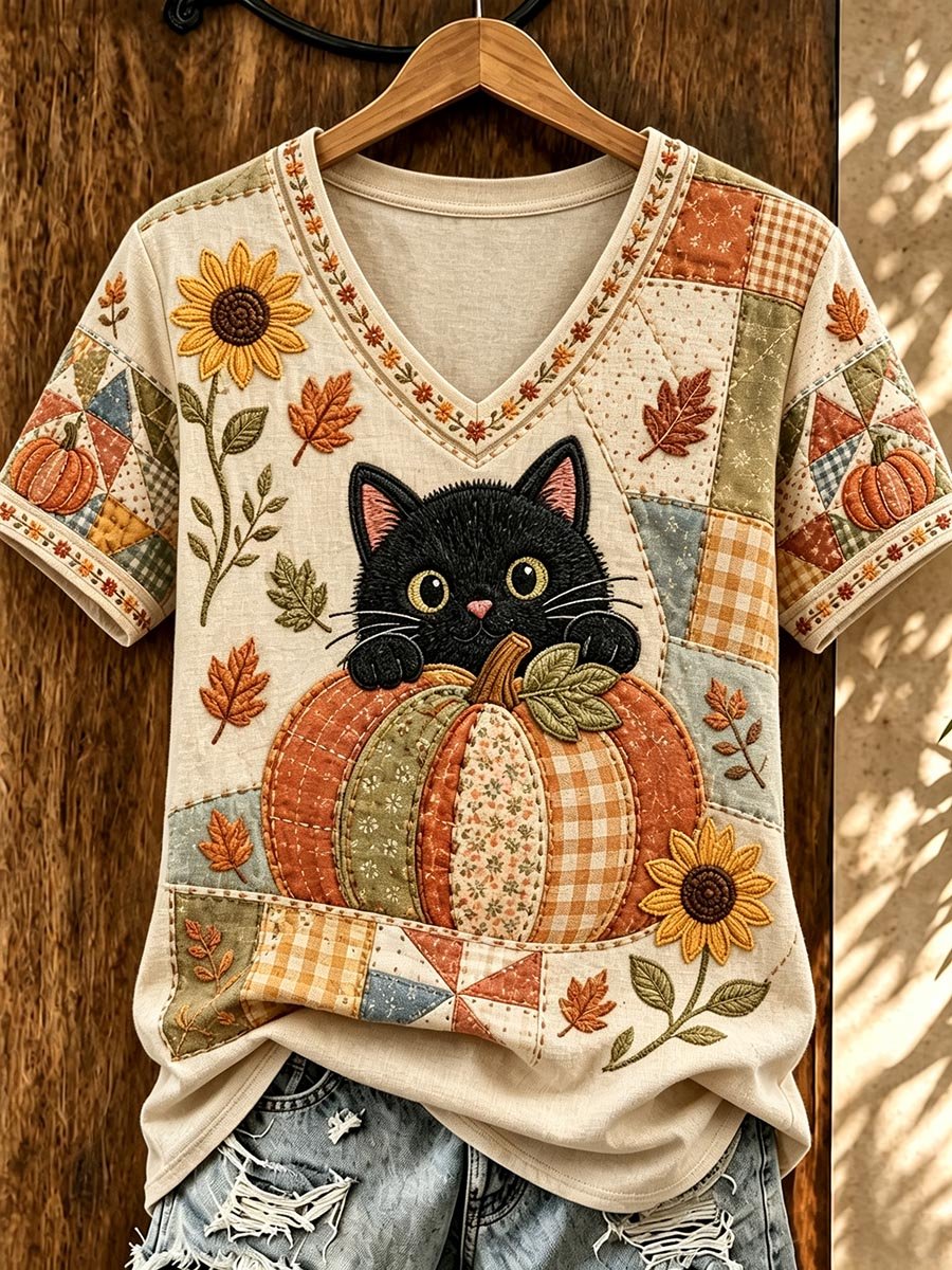 Women's Autumn Cute Black Cat Print Casual V-Neck T-Shirt