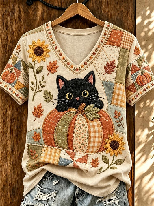 Women's Autumn Cute Black Cat Print Casual V-Neck T-Shirt