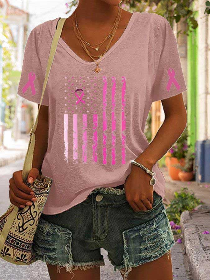Women's Breast Cancer Flag Print Casual T-Shirt