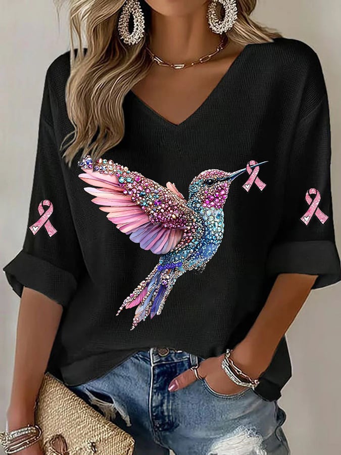 Women's Breast Cancer Hummingbird Print T-Shirt