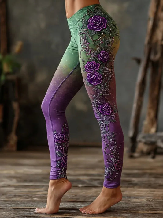 Women's Vintage Rose Floral Gradient Pattern Casual Leggings
