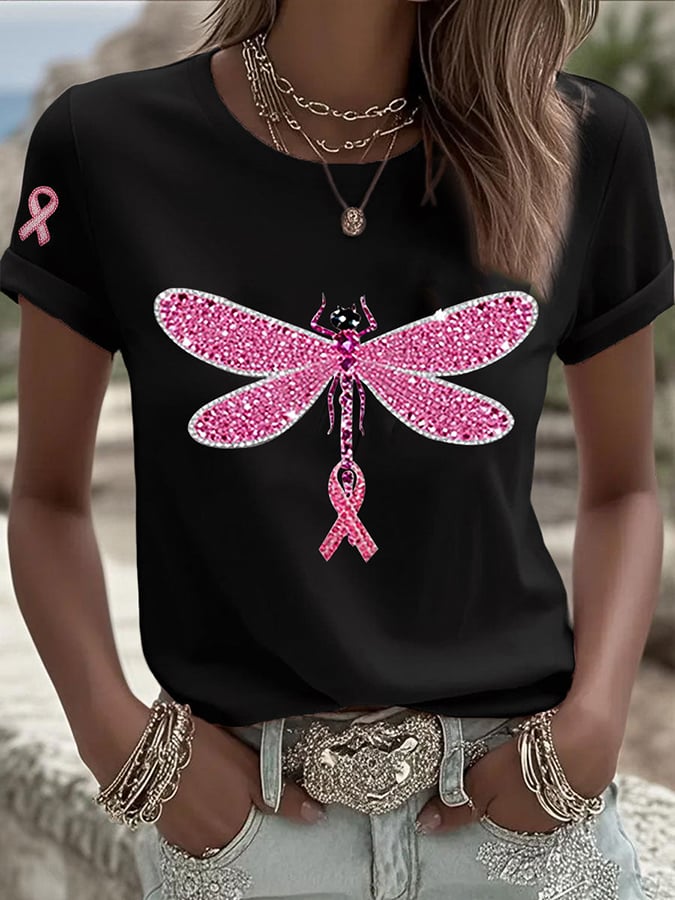 Women's Pink Dragonfly Print Round Neck T-Shirt