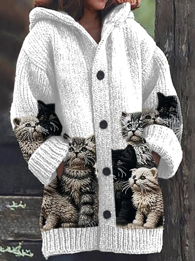Women's Fun Animal Cat Print Hooded Cardigan