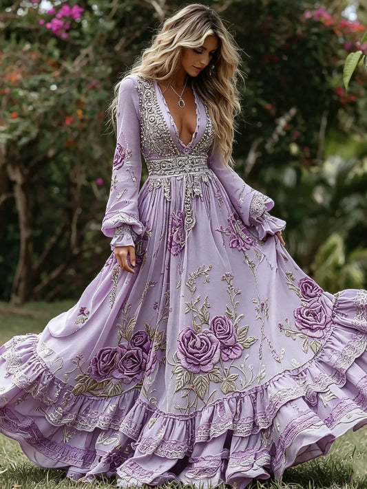 Women's Retro Tribal Rose Floral Art Casual V Neck Long Sleeve Maxi Dress
