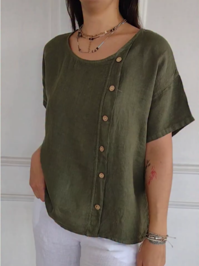 Casual Cotton Linen Side Buttons Tops