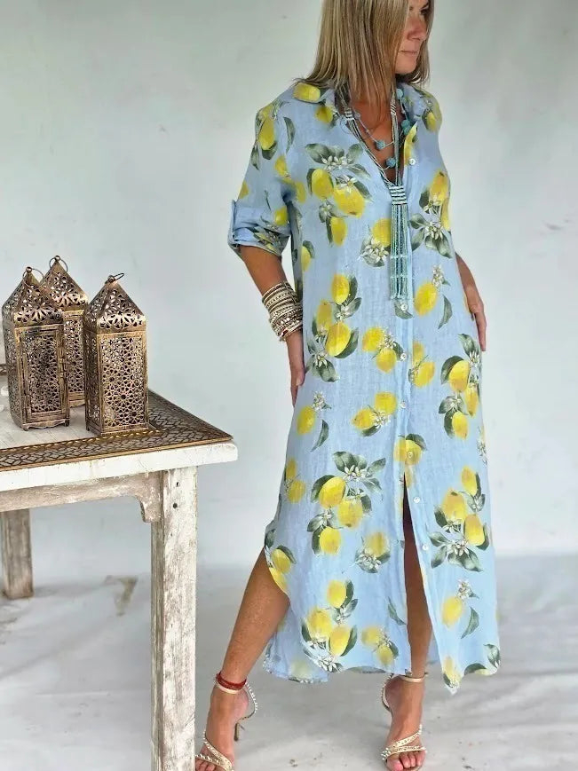 Lemon Print Boho Linen Kaftan Dress